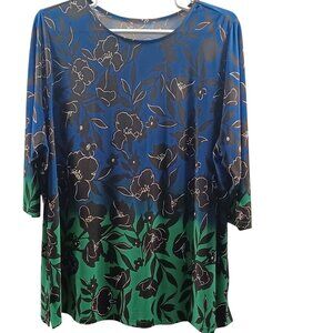 Plus Size Coastal Boho Multi Color Floral Tunic Top 3/4 Sleeve Relaxed Fit Wm 4X